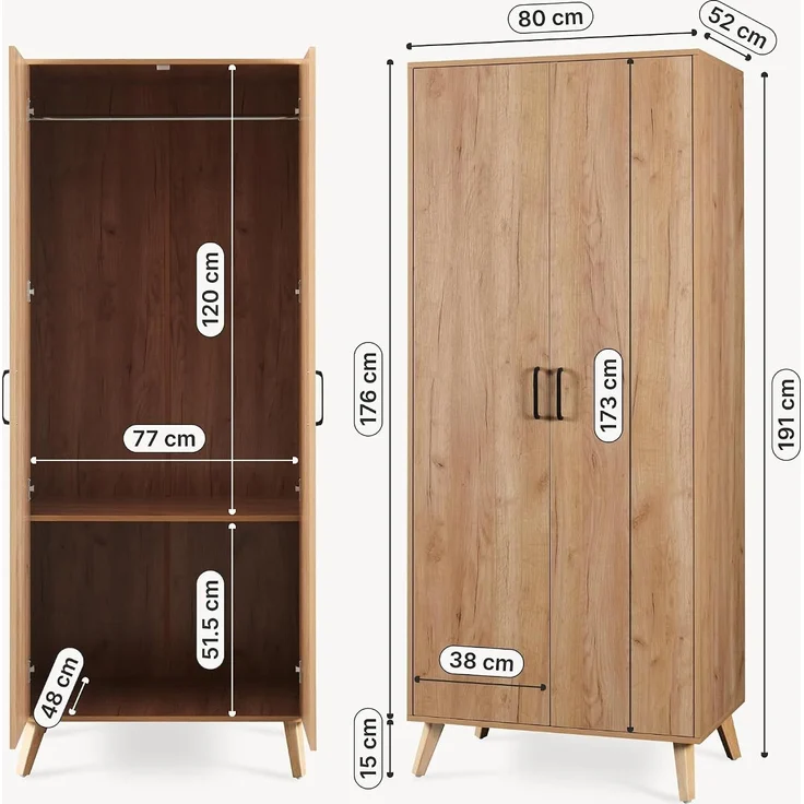 Kleiderschrank Norg 191x80x52 cm 2 Türen 1 Fach Eicheoptik [en. casa] – Bild 2