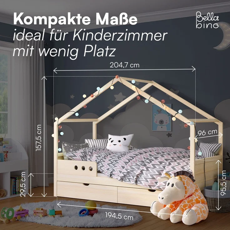 Bellabino 'Bela' Hausbett 90x200 cm mit großer Schublade, natur, Kiefer Massivholz, Montessori Kinderbett mit Stauraum, inkl. Rausfallschutz und Lattenrost – Bild 8