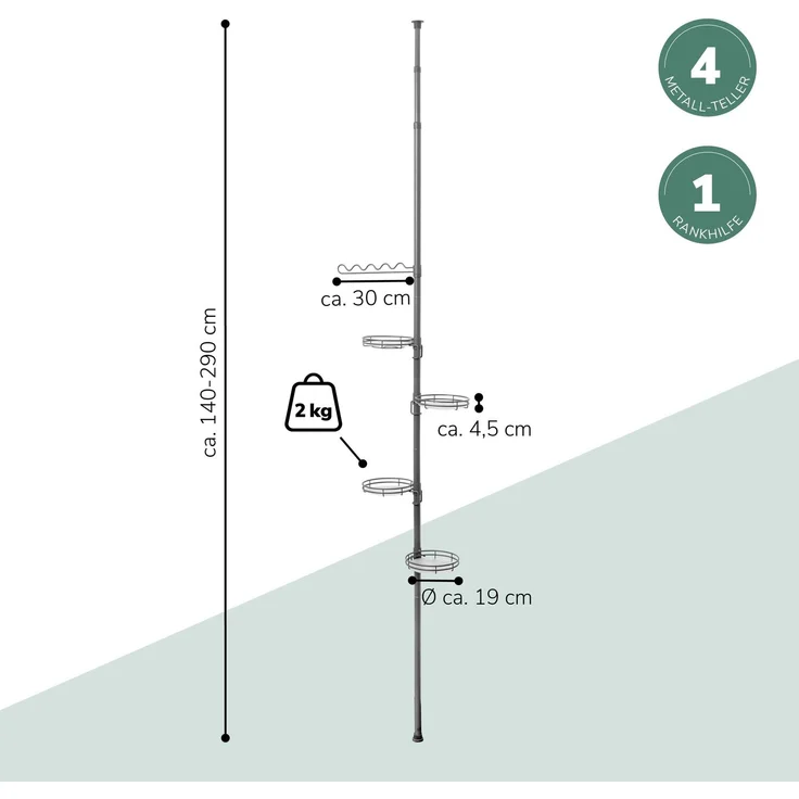Teleskop-Blumenregal mit 4 Ablagen und Rankelhilfe, Blumentreppe höhenverstellbar von 140 bis 290 cm, grau – Bild 7