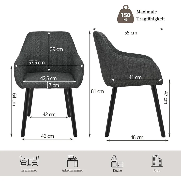 Esszimmerstühle Schwarz Holzbeine 4er Set Dunkelgrau polyester – Bild 3