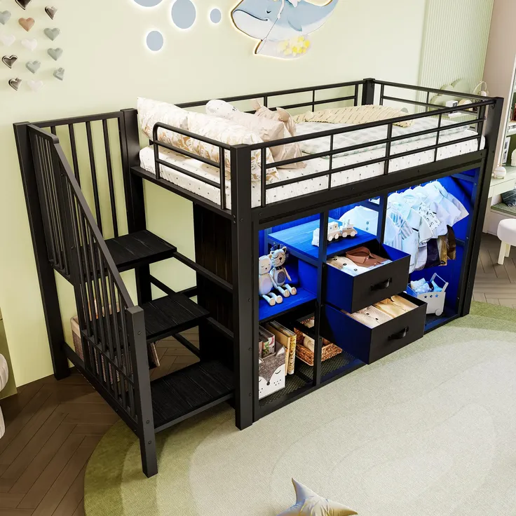 Hochbett mit Kleiderschrank, LED-Streifen, Lattenrost, Treppe und Rausfallschutz, 90x200cm, Kinderbett, Metallbett – Bild 2
