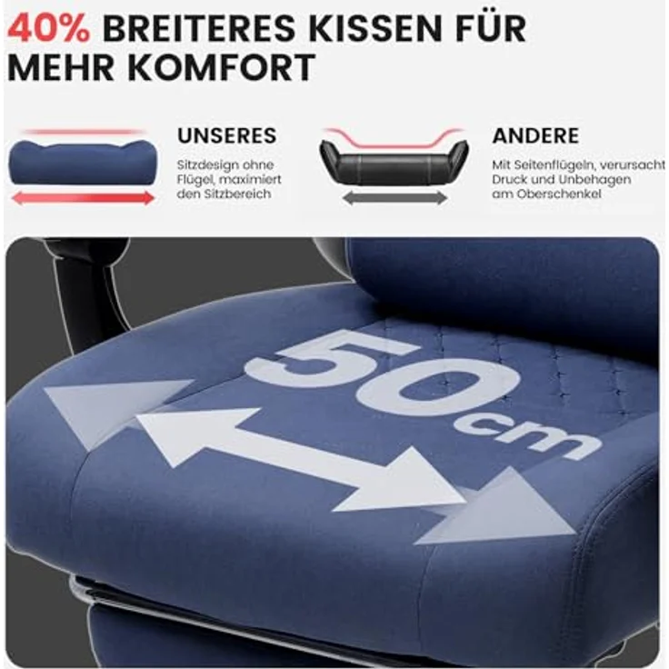 GTPLAYER Gaming Stuhl Stoff, Gaming Sessel mit Taschenfederkissen, ergonomischer Drehstuhl, Gamer Stuhl mit Fußstütze150 kg Belastbarkeit, dunkelblau – Bild 6