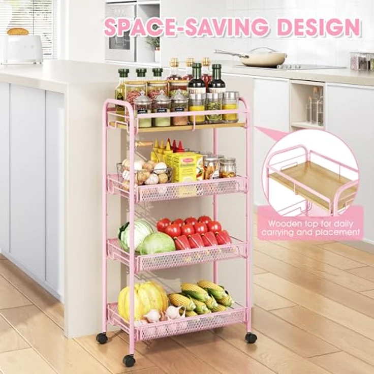 KINGRACK 4-Stöckiger Küchenwagen mit Rollen, Rollwagen Metall, Verschiebbarer Aufbewahrungswagen mit Holzplatte und Gitterkorb Ideal für Enge Räume in Haus und Küche, Badezimmern, Rosa – Bild 5