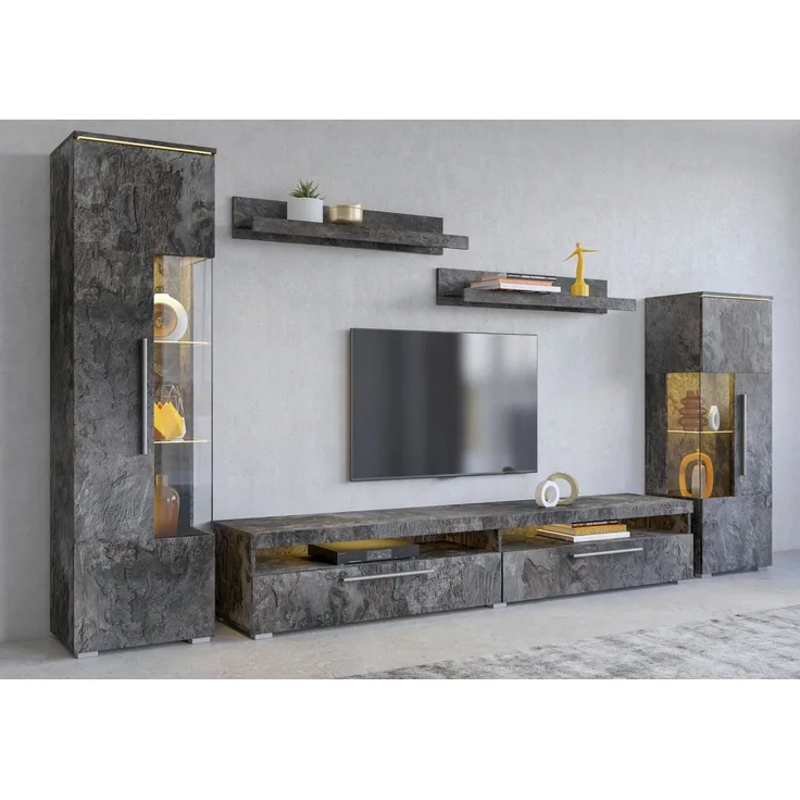 INOSIGN Wohnwand India,Breite 290cm moderne Mediawand ohne Beleuchtung, (Set, 5-St, fdete), Anbuwand (Set,5-St, 2xVitrine, 1TV-Schrank, 2xWandregal) viel Stauraum
