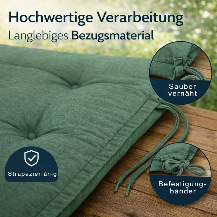 BURI 4x Hochlehner Auflage 117x49x6 cm - wetterfeste Gartenstuhlauflage mit Schaumkern & Vollvlies, Halteband & Bindebänder, bequemes Stuhlpolster für Balkon, Terrasse & Garten (Grün) – Bild 6