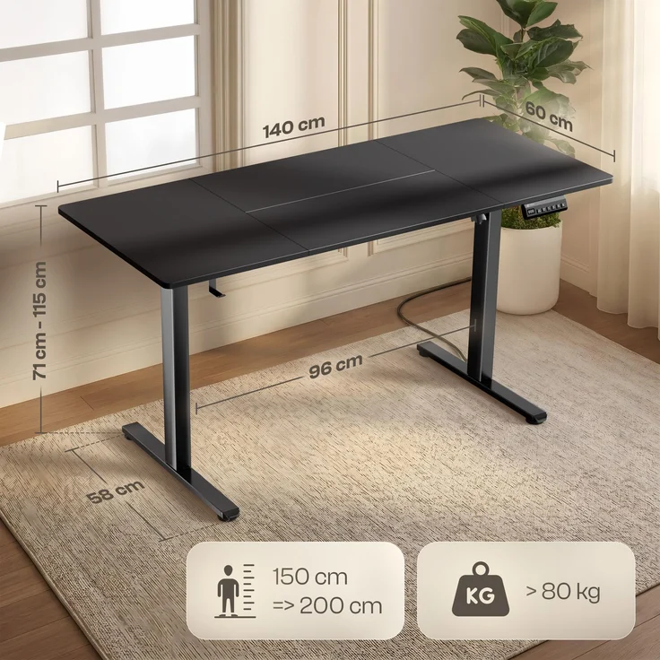 LUTIVO Foxtrot, Höhenverstellbarer Schreibtisch Elektrisch, Memory-Funktion und Kabelmanagement, 140 x 60 cm, Schwarz/Schwarz – Bild 4