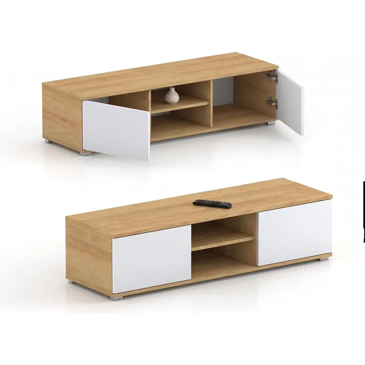 Sleepyshop24 Fernsehtisch 120 cm Breite | TV-Board in Hikora + Weiss | Kompaktes TV-Möbel mit Stauraum & silbernen Füßen, für moderne Wohnzimmer