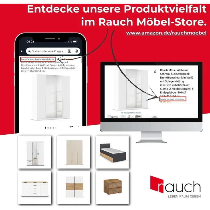 rauch Kleiderschrank, Schwebetürenschrank SUBITO, 2-türig, 1 Spiegeltüre, Alpinweiß, 136 x 197 x 61 cm – Bild 8