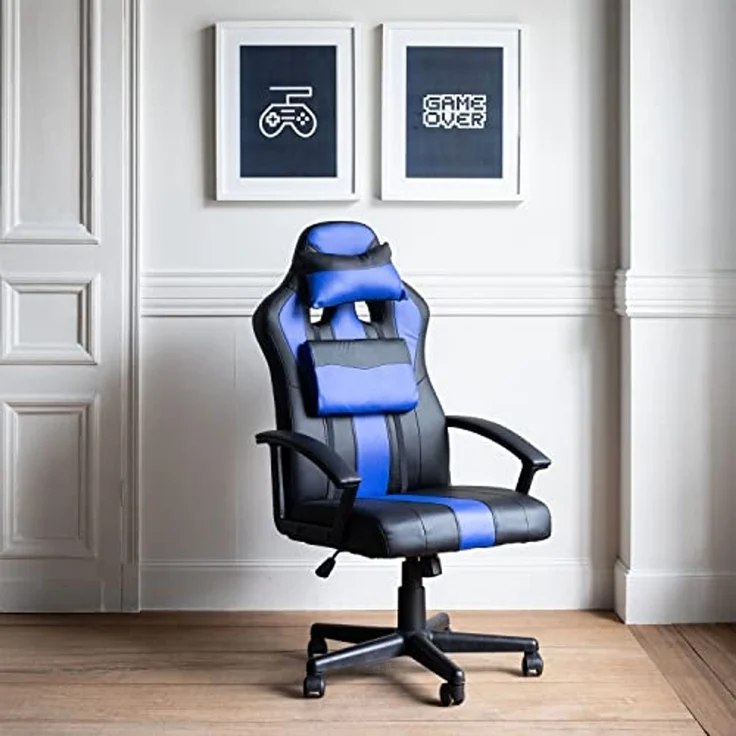 Happy Garden Gamer Sessel schwarz und blau Crash, Gaming Stuhl, ergonomischer Bürostuhl mit Lendenwirbelstütze und Kopfstütze, drehbar, höhenverstellbar und neigbare Rückenlehne – Bild 2