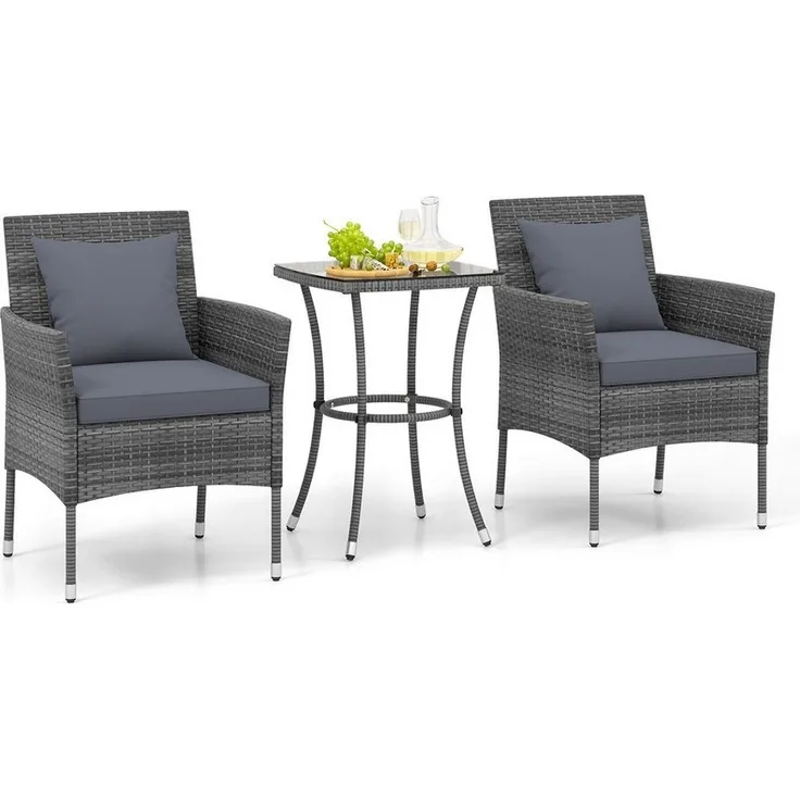 COSTWAY Balkonset, (3-tlg), 2 Personen, Rattan, 2 Sessel & Glastisch, mit Kissen