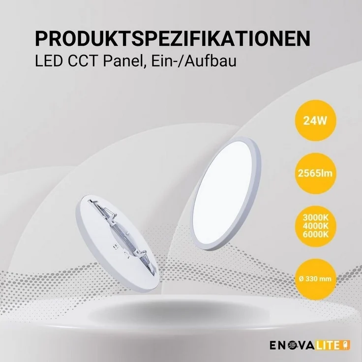 ENOVALITE LED Einbauleuchte LED CCT Panel, Ein-/Aufbau, 24W, 2565 lm, ø300x17 mm, LED fest integriert, warmweiß, CCT, neutralweiß, kaltweiß, Lochdurchm. variabel, Lichtfarbe einstellbar – Bild 2