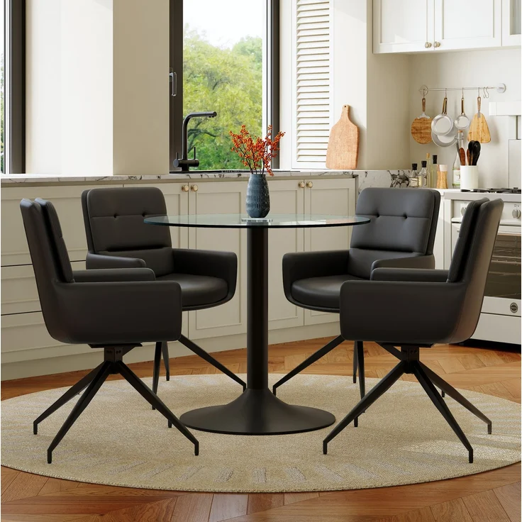 Essgruppe mit Glastisch Ø 85x76 cm und drehbaren PU-Stühlen, Schwarz/Transparent – Bild 1
