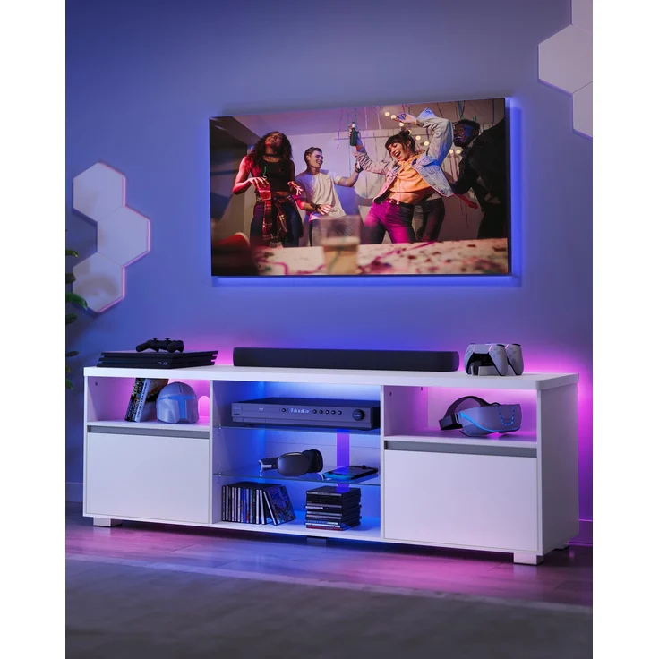 VASAGLE Kailyn Kollektion - TV-Schrank mit LED-Beleuchtung, Fernsehtisch, TV-ständer für Fernseher bis zu 70 Zoll, mit offenen Ablagen, 2 Schränke mit Türen, 160 cm, für Wohnzimmer, weiß LTV331T10