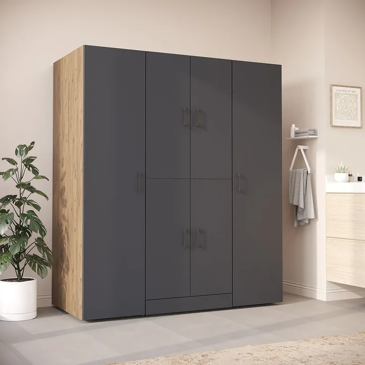 Roomart Waschmaschinenschrank - DORA-I- 160 cm breit - Wasch- & Trocknerschrank mit 2 Hochschränken, Türen & Ausziehbrett, Waschmaschinen-Überbau für Waschküche & Hauswirtschaftsraum • Anthrazit-Eiche