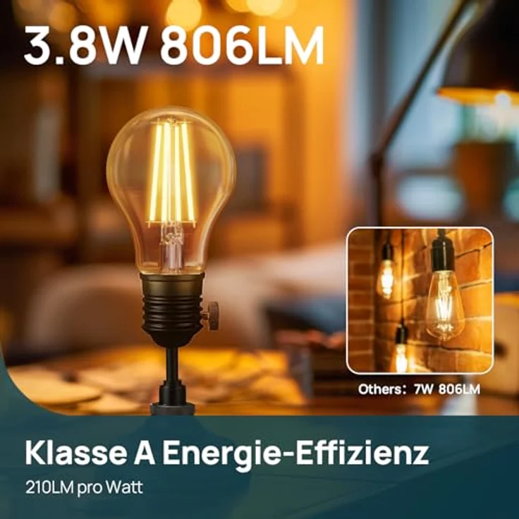 Linkind Ultraeffiziente E27 Lampe Vintage, 3,8W=60W, 2700K Warmweiß mit Energie Klasse-A, Filament A60 Edison 806 Lm, 320°Abstrahlwinkel, Klar, 2 Stück – Bild 4