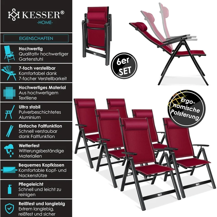 KESSER® Gartenstuhl Hochlehner mit Armlehnen | Aluminium Klappstuhl inkl. Kopfkissen Campingstuhl 7-Fach Verstellbar Rückenlehne | Atmungsaktiv & Wetterfest | Klappbar & Anti-Rutsch 6 Stück, Bordeaux Rot – Bild 3