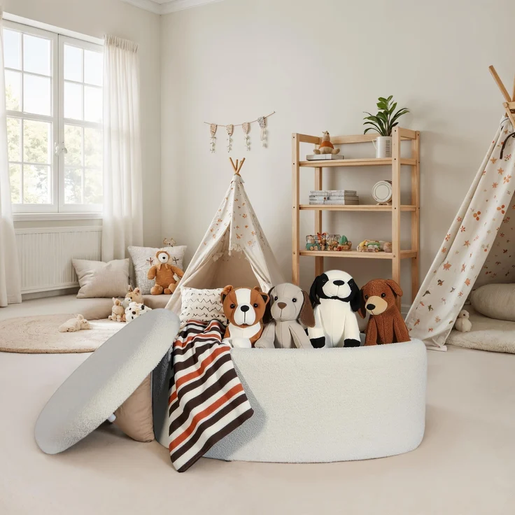 Sitzhocker mit Stauraum oval 81cm Stoff Creme abnehmbarer Deckel gepolstert modern – Bild 4