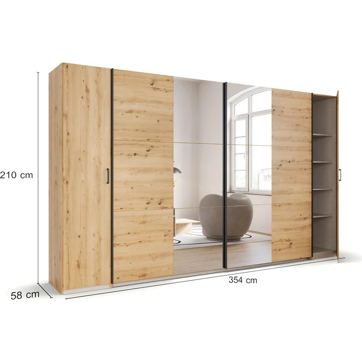 rauch 'Kronach' Kleiderschrank, 4-türig, Holz, 354 x 210 x 59 cm, Natur / Schwarz, mit Spiegel – Bild 4