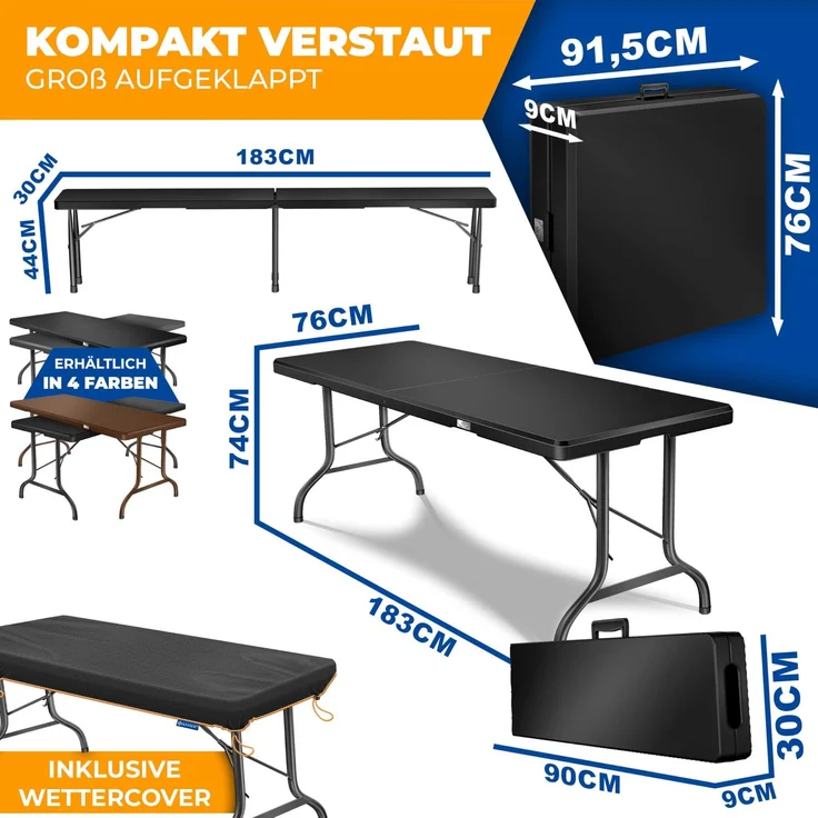 KESSER® Bierzeltgarnitur 3-teilig Set Tisch & 2x Bank | Buffettisch für drinnen & draußen Gartengarnitur klappbar 183x76x74cm Kunststoff Klapptisch Gartentisch inkl. Abdeckung & Tragegriffe Schwarz, Glatt – Bild 2