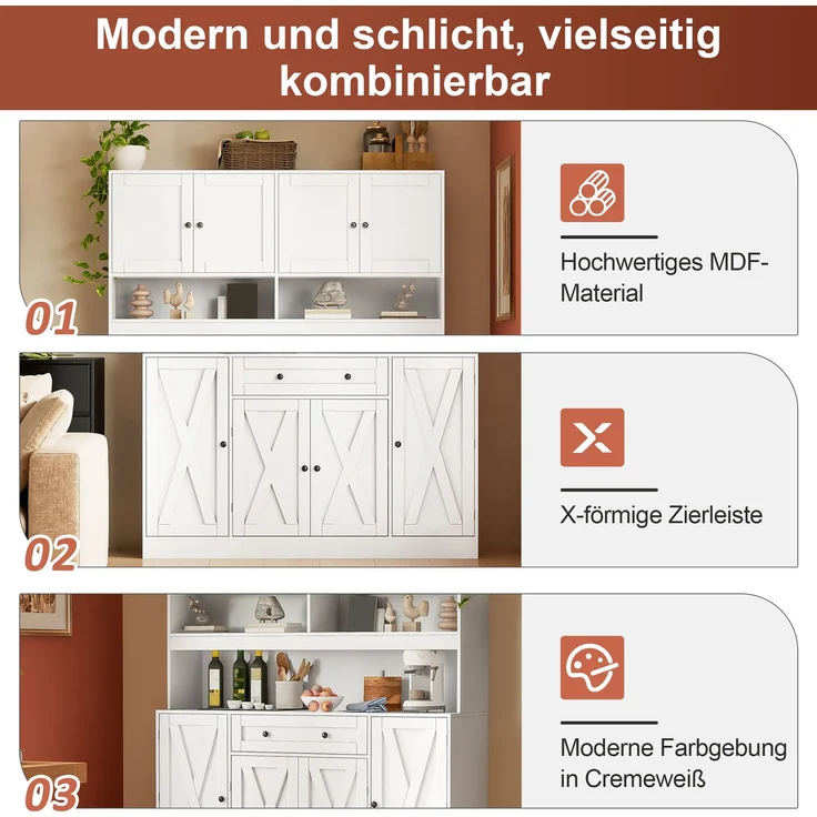 ZUBALIYA Buffetschrank 140x40x185 cm, mit verstellbaren Einlegeböden, aus MDF, Weiß – Bild 3