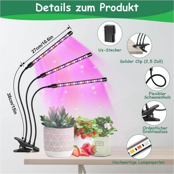 SinLaw Pflanzenlampe Dreiköpfige LED Pflanzenlampe, Vollspektrum Wachstumslampe, Verstellbar mit Timer,Energiesparend Für Zimmerpflanzen,mit Halterung – Bild 3