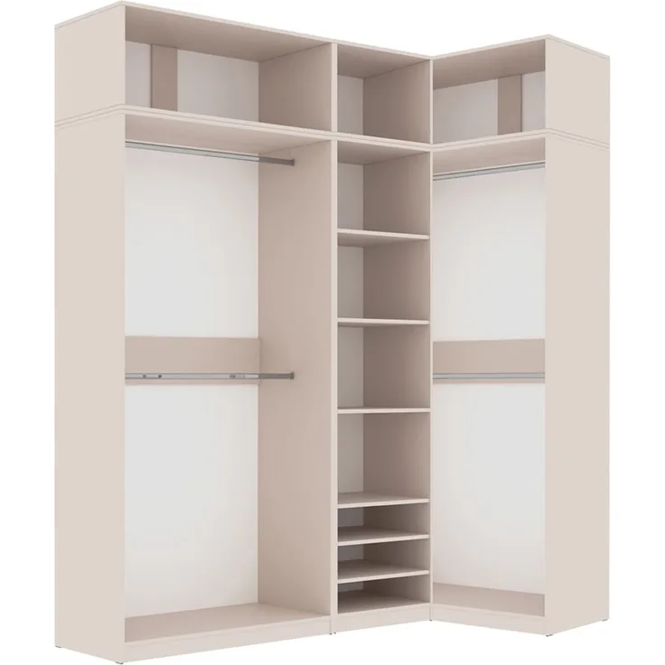 Marmex Möbel Tres Set-Y/N Eckkleiderschrank offen, Hoher Kleiderschrank mit Aufsatz, groß Einbauschrank, laminierte Spanplatte, graubeige cashmere 201/100x246x51 cm