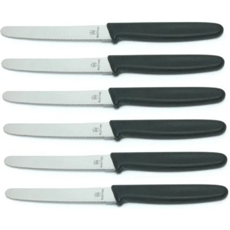 6 Stück Tafelmessser 10299 Menümesser Tischmesser Buttermesser Brötchenmesser / Klinge Eldelstahl rostfrei Wellenschliff / Griffe Kunststoff schwarz