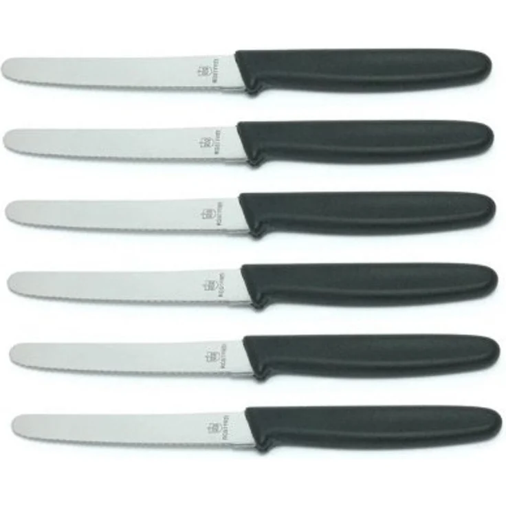 6 Stück Tafelmessser 10299 Menümesser Tischmesser Buttermesser Brötchenmesser / Klinge Eldelstahl rostfrei Wellenschliff / Griffe Kunststoff schwarz – Bild 1