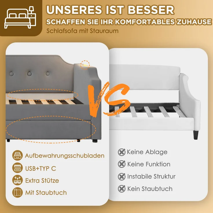 Merax Polsterbett mit 2 Schubladen, Leselicht & Ladefunktion, Samt grau, 90x200 cm – Bild 6