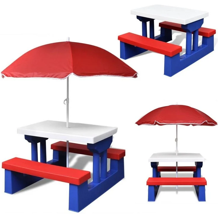 COIL Garten-Kindersitzgruppe Kinder-Picknicktisch mit Sonnenschirm 107 x 67 x 135 cm, 5 kg, (4-tlg), verschiedene Farben, Kunststoff UV-beständig, für Kinder ab 3 Jahren – Bild 1