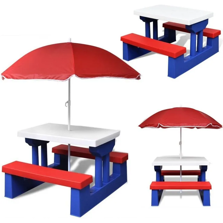 COIL Garten-Kindersitzgruppe Kinder-Picknicktisch mit Sonnenschirm 107 x 67 x 135 cm, 5 kg, (4-tlg), verschiedene Farben, Kunststoff UV-beständig, für Kinder ab 3 Jahren