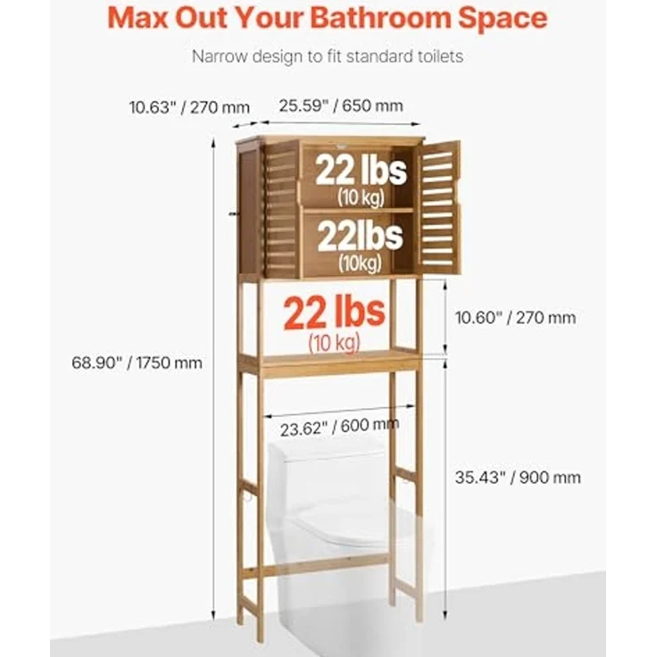 VEVOR Toilettenschrank Badezimmerschrank mit Doppeltür & verstellbarem Regal, platzsparender 3-stöckiger Badschrank über der Toilette mit offenem Regal, 65 x 27 x 175 cm Aufbewahrungsschrank Natur – Bild 3