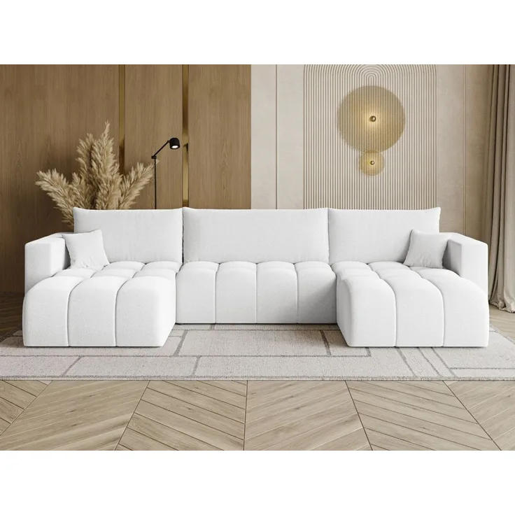 GRAINGOLD Ecksofa U-Form Neva U, Ecksofa mit Schlaffunktion, Bettkasten, mit losen Kissen, Bouclé-Stoff, Weiß