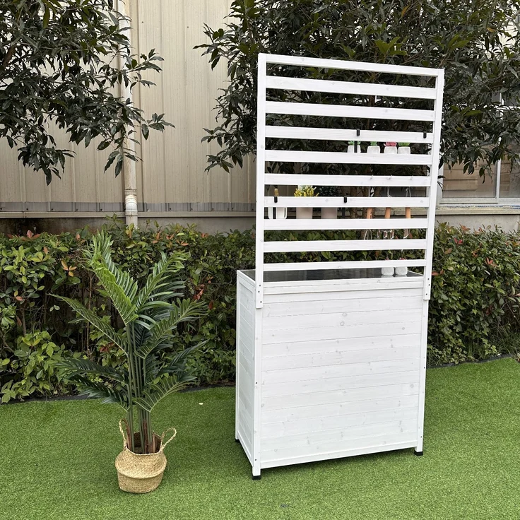 LECO Gartenregal THEA, Tannenholz weiß lasiert, Ablagefläche Stahlblech silber, 94x42x200 cm – Bild 4