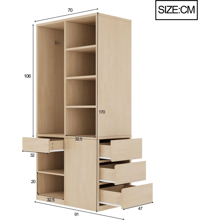 Kleiderschrank 70 x 50 x 170 cm in Weiß und Holzfarbe mit Kleiderstange, offenen Fächern und Schubladen – Bild 5