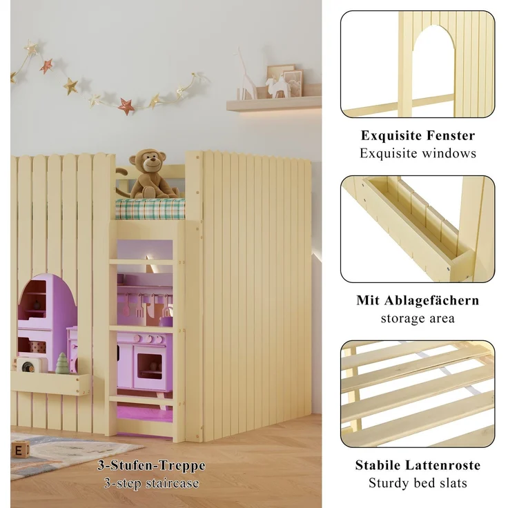 Hochbett mit RGB LED-Beleuchtung, Trittleiter, Rausfallschutz und Regal, 90x200 cm, Kinderbett, Kiefer – Bild 3