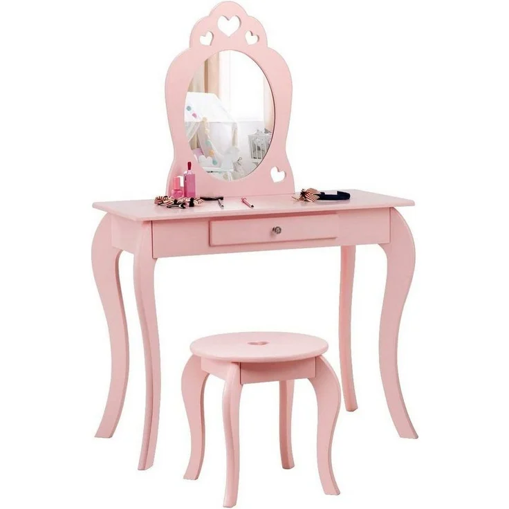 COSTWAY Kinder Schminktisch mit Hocker und abnehmbarem Spiegel, Holz pink, 34 x 70 x 105 cm – Bild 5