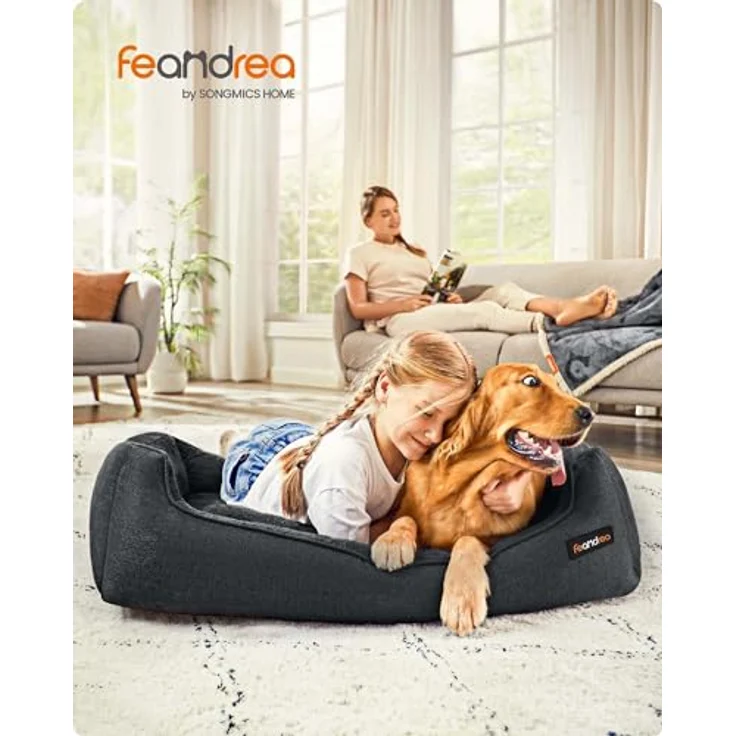 Feandrea Hundebett, Hundekissen in Leinenoptik, Hundekorb, erhöhte Ränder, rutschfeste Unterseite, Bezug abnehmbar waschbar, XL, für große Hunde, 110 x 75 x 27 cm, dunkelgrau PGW012G01 – Bild 3