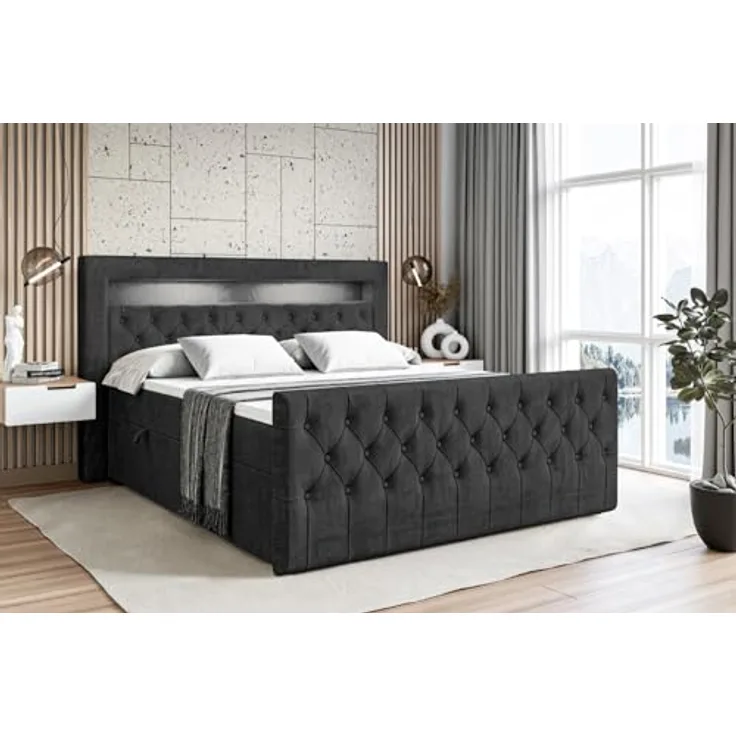 ALTDECOR Boxbett, Schwarz, 180x200 cm, Boxspringbett mit 20 cm hoher Matratze und Topper, zwei Bettkästen und LED-Beleuchtung