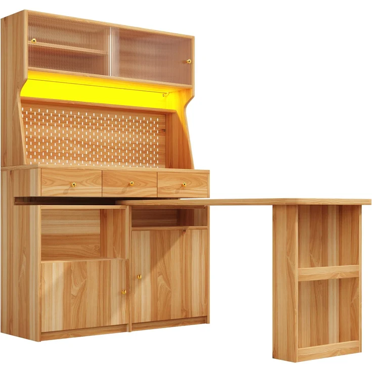Hochschrank mit Schreibtisch, MDF & Glas, LED per App, 137x74x177,7 cm, Natural – Bild 7