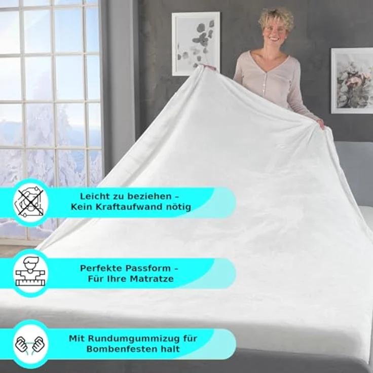 MALIKA® Premium warme Spannbettlaken Cashmere-Touch Bettlaken Jersey Fleece Spannbetttuch Laken, Farbe:Weiss, Größe:120x200 cm – Bild 6