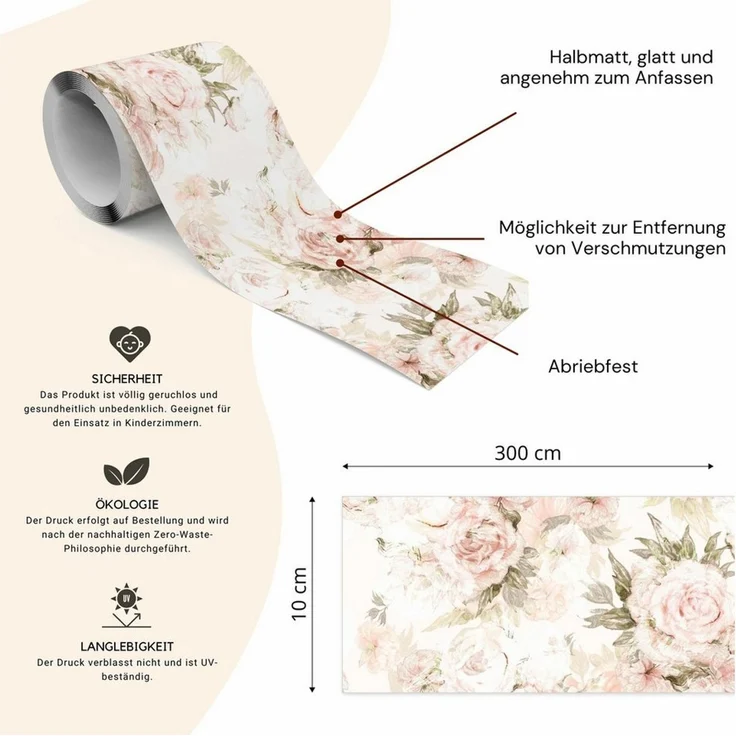 Muralo Bordüre Wandbordüre selbstklebend Blumen – Tapetenbordüre Wohnzimmer, floral, Pastellfarbene Pfingstrosen, 10x300 cm, abriebfest, abwischbar – Bild 2