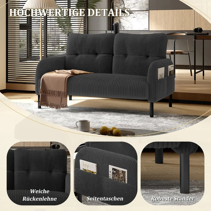 LVHOM 2-Sitzer Sofa mit Metallsockel, Doppelsofa Cordstoff mit Seitentaschen, Polstersofa Stoffsofa Sitzmöbel Loungesofa, 120x79x75cm – Bild 4