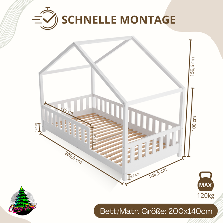 Crazy Pine 'Crazy House' Hausbett mit abnehmbaren Rausfallschutz, Naturholz, Weiß, 140x200 cm, mit Höhenverstellbaren Beinen – Bild 2