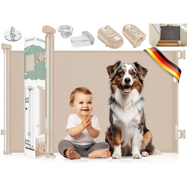 KIDIZ® Treppenschutzgitter Türschutzgitter ausziehbar bis 140/180cm | kindersicheres Treppengitter für Babys & Haustiere | Schutzgitter Treppen & Türen Absperrgitter inkl. Bodenanker & Montagezubehör Beige, 0-140cm – Bild 5