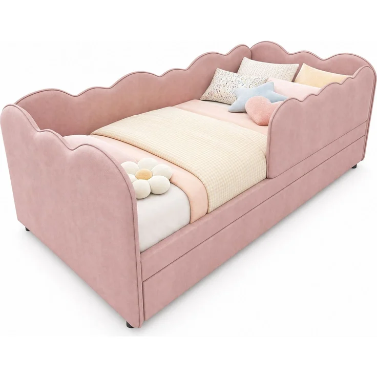 CHICFURN Bett Samt Rosa 90/180x190 cm mit Ausziehbett und abnehmbarem Vordergitter – Bild 7