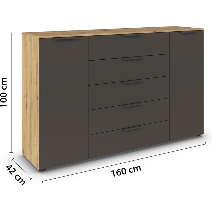 Rauch Möbel Flipp, Kommode für Schlafzimmer, Kinderzimmer, Wohnzimmer, Flur, Garderobe, 2-türig, 5 Schubladen, mit Softclose-Funktion, Farbe Eiche Artisan, Holz/Graphit, Schwarz, Breite 160 cm – Bild 3
