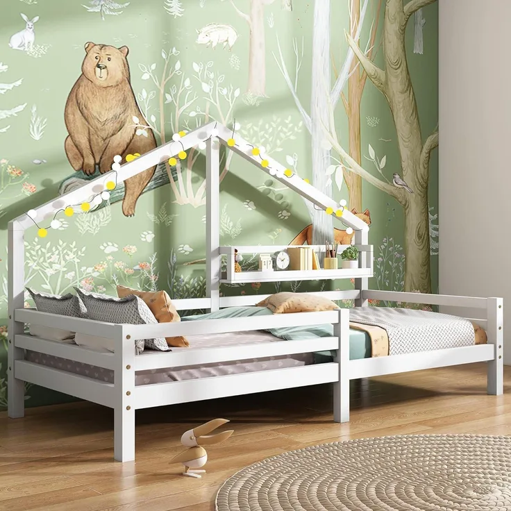 Merax Kinderbett 90x200 cm mit Rausfallschutz, Kinder Hausbett mit Ablageregal, Stabiles Holz Baumhausbett mit Lattenrost, Spielbett für Jungen & Mädchen, Weiß