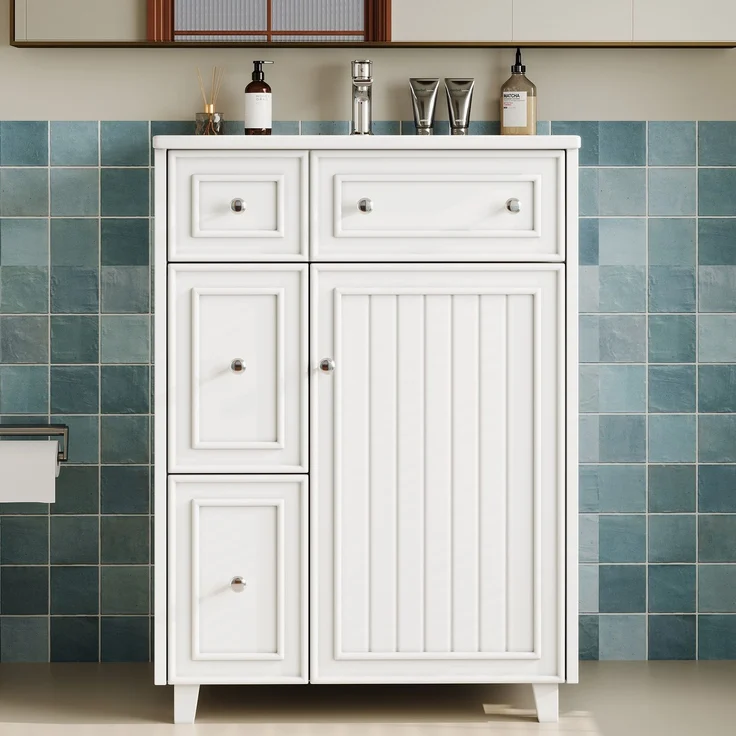 Freistehender Waschtisch 61 x 47 x 87 cm aus MDF, weiß lackiert, mit Keramikbecken – Bild 1