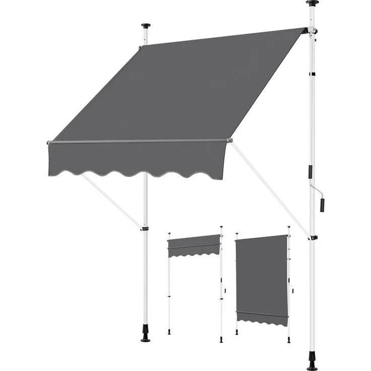 Yaheetech Klemmmarkise 150cm Breit Balkonmarkise mit Handkurbel Sonnenschutz ohne Bohren Sonnenmarkise höhenverstellbar Markise mit Gestell wasserdicht, Dunkelgrau